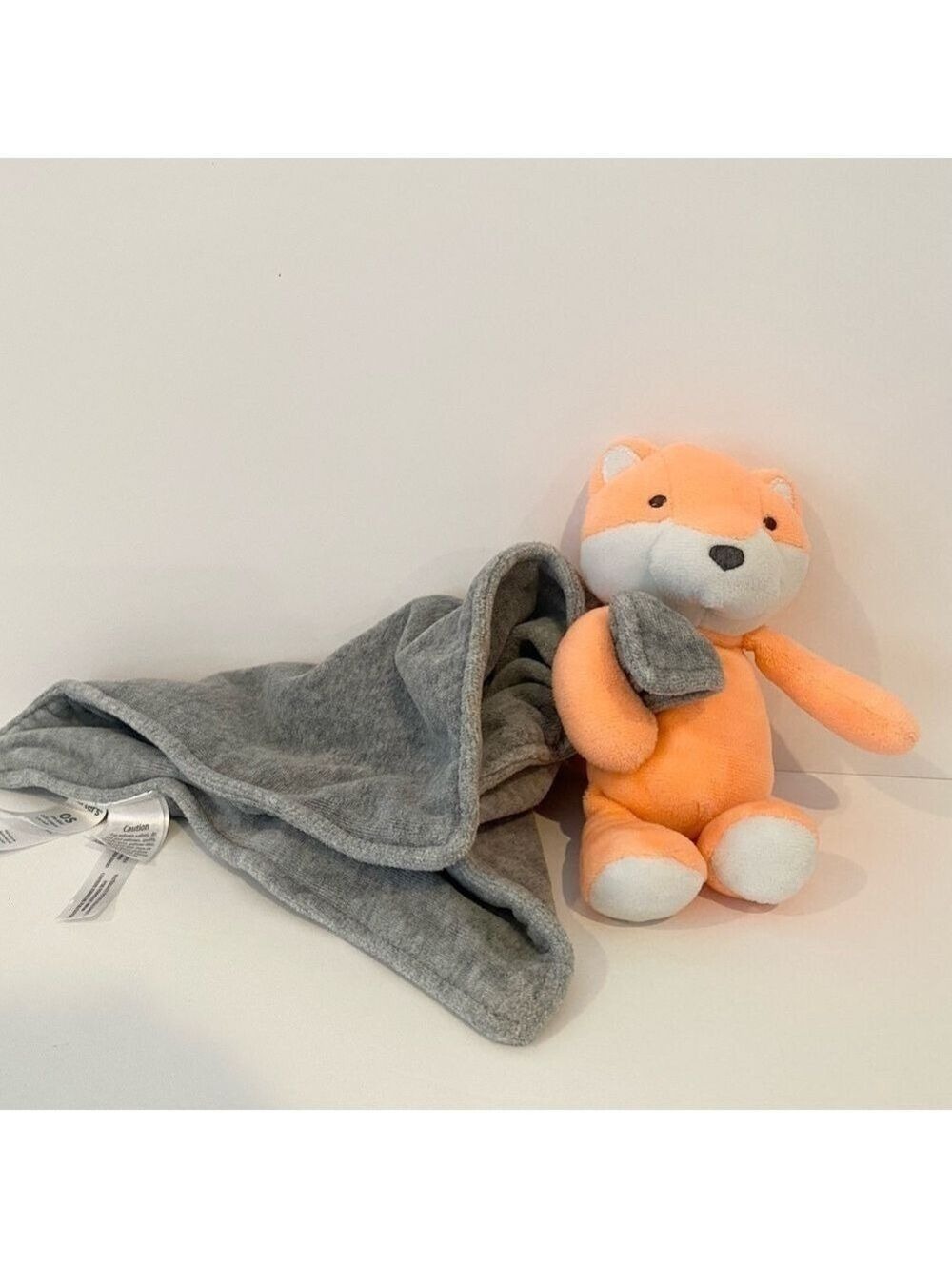 Carters Orange Fox Holding Gray Security Blanket Lovey Plush Baby Toy Rattle